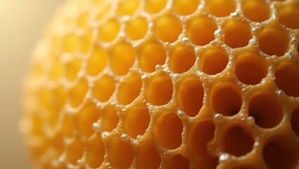Close-up view of intricate honeycomb structure showcasing its golden hue and delicate cellular design.