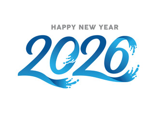 Happy New Year 2026 blue liquid numbers with water splashes
