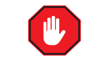 Stop work authority icon, stop hand icon over white and red and black border lines polygon transparen background
