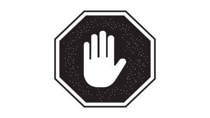 Stop work authority icon, stop hand icon over black polygon transparent background