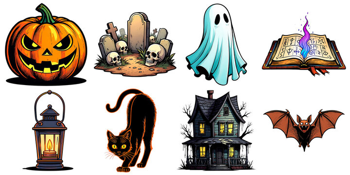 Spooky Halloween Elements Collage: A collection of iconic Halloween elements in a vibrant collage, featuring a jack-o'-lantern, ghostly apparition, ancient tombstone, and a spell book.
