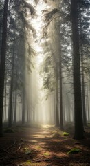 Naklejka premium Ethereal Sunbeams Pierce Morning Fog on a Tranquil Woodland Path.