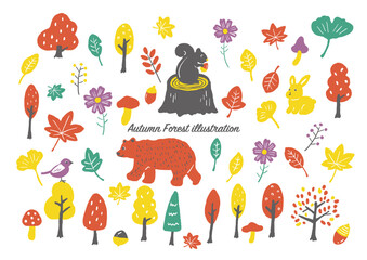 Hand-drawn Autumn Forest Illustration Set (Color) / 手描き・秋の森イラストセット（カラー）