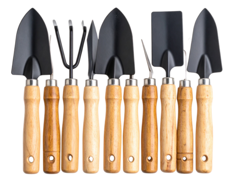 Rustic Vintage Gardening Tools Set with Wooden Handles, Neatly Arranged Flat Lay, Transparent Background