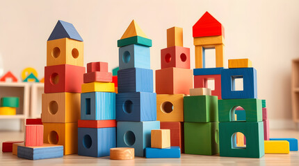Fototapeta premium Colorful wooden building blocks creating an imaginary cityscape in playroom