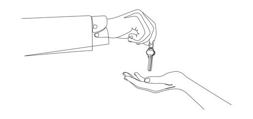 minimalist line art illustration showing a hand giving a key to another open hand. The scene symbolizes transfer of ownership, property rental, real estate transaction, new home purchase, and trust
