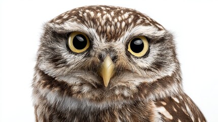 Stunning portrait of a Little Owl with piercing yellow eyes on a bright white background