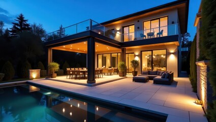 Modern, two-story home with an outdoor patio area, pool, and beautifully landscaped backyard at twilight.