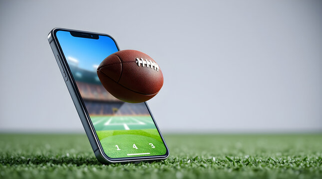 Football jumping out of smartphone screen on grass field: augmented reality sports betting app