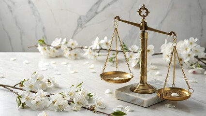 A detailed, close-up studio shot captures the symbolic scales of justice, 