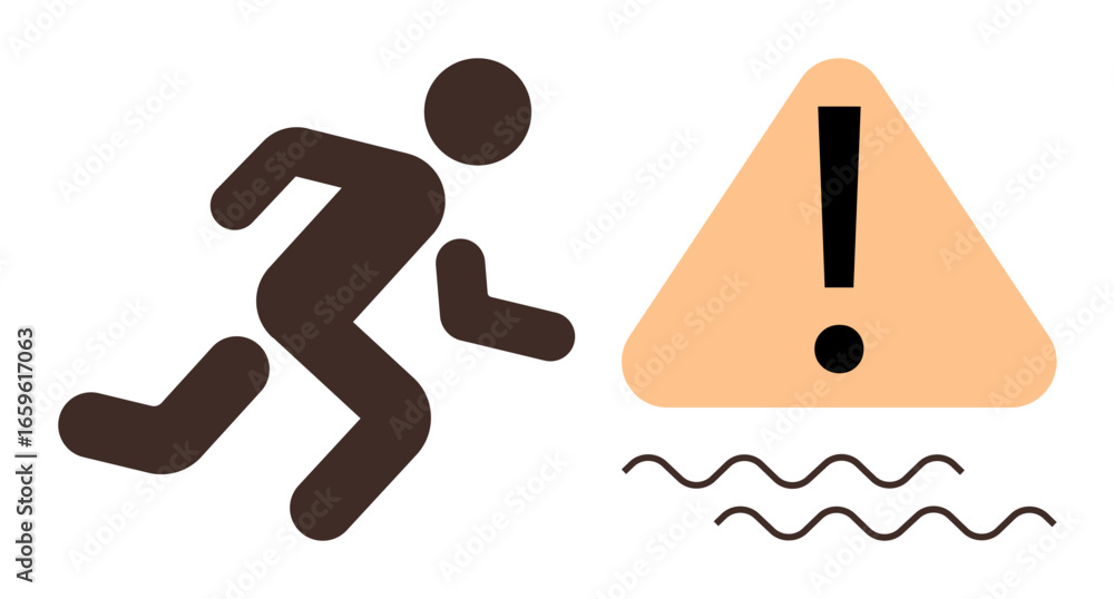Poster stick figure running near a triangular caution sign with exclamation mark and wavy lines symbolizing