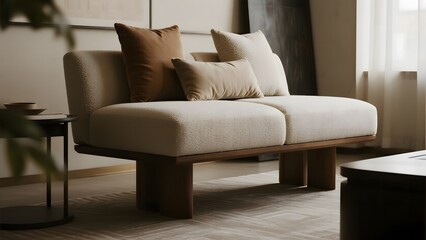 Modern Living Room with Beige Modular Sofa and Wooden Base