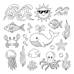 Ocean Animals Swim with Sun on Transparent Background