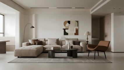 Modern Living Room with Neutral Tones and Abstract Art