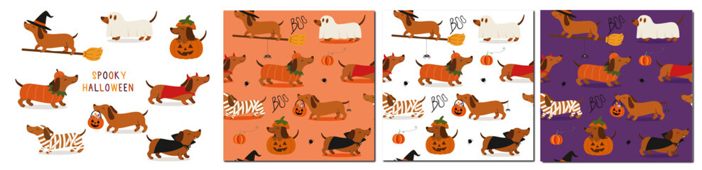 FULL SET OF  DACHSUND FOR HALLOWEEN - CUTE DOG ILLUSTRATION AND PATTERN FOR INVITATIONS, GREETING CARD AND PRINTS