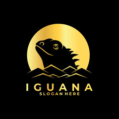 Iguana with sun and mountains icon logo design vector template