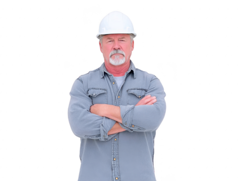 Construction worker mature man hard hat safety helmet gray shirt arms crossed confident serious isolated transparency background Confident mature construction worker wearing safety helmet and gray - Powered by Adobe