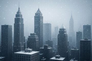 Modern cityscape skyline with tall buildings illuminated by subtle light