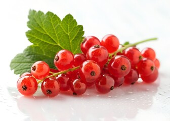 A vibrant cluster of red currants glistens under bright light, showcasing their juicy roundness and delicate structure against a white surface.