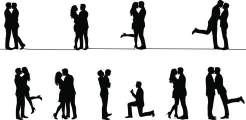 Romantic couples kissing silhouette set, diverse love illustration, same-sex and heterosexual couples, proposal moment, passion and affection vector
