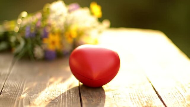 Holding Red Heart: Hands of Diverse Couple Symbolizing Love and Care on Wooden Table with Flower Background - Powered by Adobe