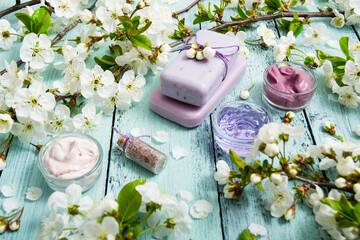 cosmetics, soaps and cherry flowers