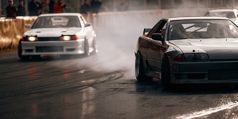 Racing Cars Drifting with Smoke Showing Car Culture and Automotive Action