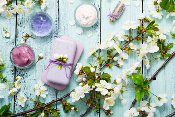 cosmetics, soaps and cherry flowers