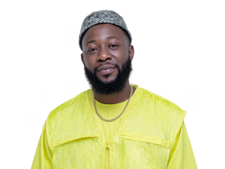 African man yellow vest cheerful expression black beard striped hat gold chain isolated background casual style confident modern fashion