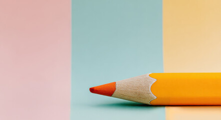 Yellow colored pencil with orange tip resting on pastel background, showcasing vibrant colors and textures, ideal for artistic and educational themes