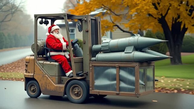 A man in a santa claus suit driving a forklift with a missile on the back