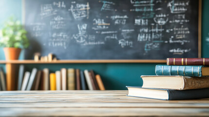 Stacked books on a wooden table in a classroom setting, with a chalkboard filled with mathematical equations and a potted plant in the background, creating an educational atmosphere