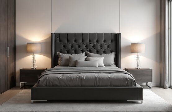 Modern bedroom features tufted dark grey upholstered bed frame with matching nightstands. Sleek, minimalist design complements contemporary home decor. Plush pillows, crisp linens create cosy,