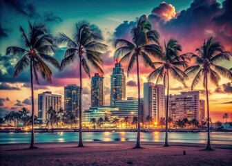 Naklejka premium Retro Miami: Ocean Drive's Art Deco architecture illuminates the South Beach nightscape, a vintage skyline.