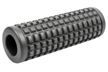 Black textured foam roller for deep tissue muscle massage isolated on a transparent background