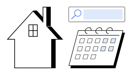 House graphic, search bar, calendar with marked dates. Ideal for real estate, home rental, vacation planning, scheduling, online booking, property management simple landing page