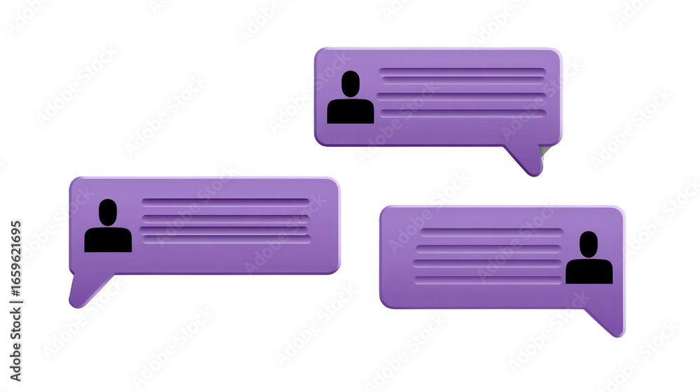 Poster purple chat bubbles with user icons and horizontal lines represent online conversation, digital comm