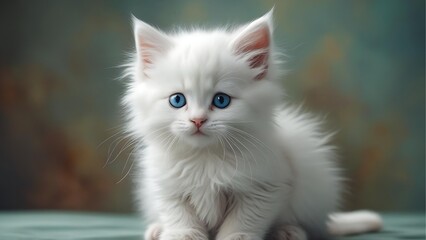 Adorable fluffy kitten sitting on a cozy sofa, looking curious and playful. Perfect concept for themes of cuteness, pets, love, comfort, and domestic life