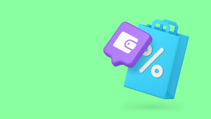 Shopping concept with bag, wallet and percentage symbol isolated on green background, ideal for online sales, e-commerce and promotions. 3d realistic icon copy space banner vector illustration