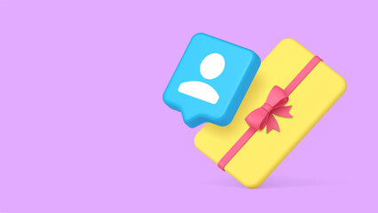 Yellow gift card featuring pink ribbon and customer icon symbolizing loyalty rewards and marketing campaigns for digital platforms. 3d realistic icon copy space banner vector illustration.