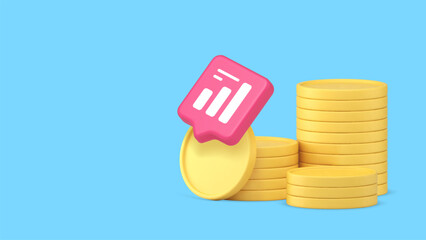 Stacked gold coins combined with a pink chart symbol illustrating finance, business data, and economic analytics within a modern digital environment. Copy space banner vector illustration