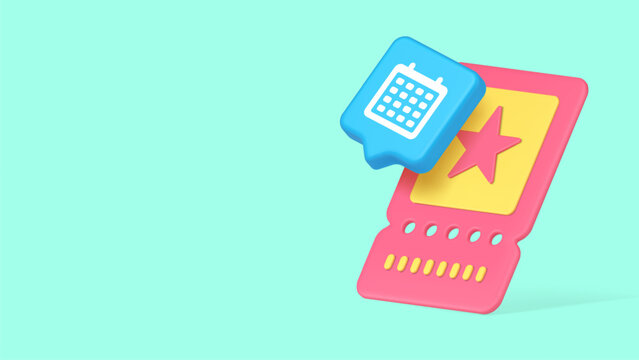 Pink event ticket and calendar represents date booking, show planning, and digital scheduling for entertainment and business purposes. 3d realistic icon copy space banner vector illustration