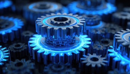 Close-up of multiple gears, glowing blue