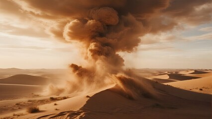 Dramatic Dust Storm Sweeping Over Sandy Desert Dunes at Sunset