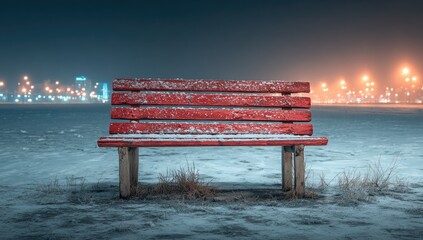 Obraz premium Red park bench in snowy winter landscape at night