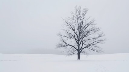 Fototapeta premium A solitary tree stands in a snow covered field on a foggy day with a gray sky in the background