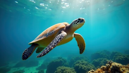 Obraz premium A captivating sea turtle gracefully glides through vibrant, sunlit turquoise water amidst a coral reef.