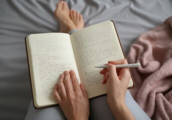 Relaxing at Home with Journaling and Self Reflection Focus on Personal Growth and Well being with Comfort and Cozy Atmosphere