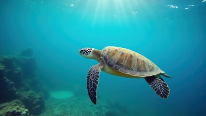 Fototapeta premium A serene sea turtle gracefully glides through the vibrant turquoise ocean, showcasing its shell patterns against a backdrop of underwater rocks.