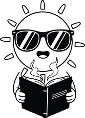 Happy Reading Sun: A charming vector illustration of a sun character with sunglasses and a big smile, enjoying a good book with steam rising from the pages, representing the simple joy of reading.